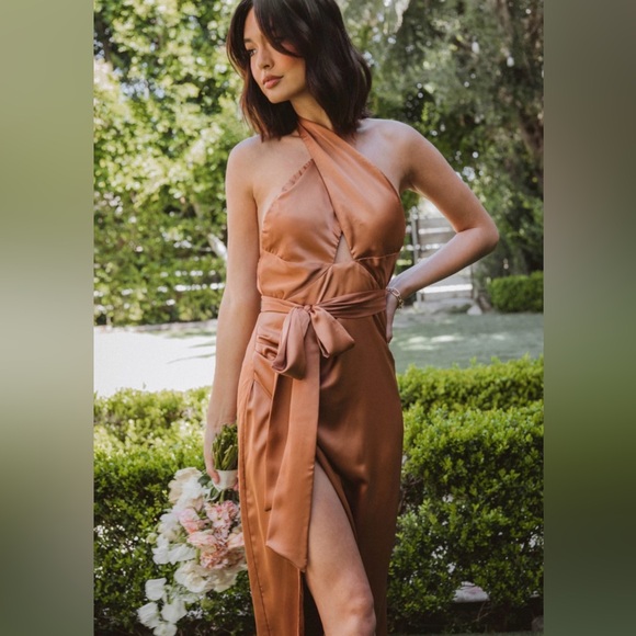 Show Me Your Mumu Adele Halter Maxi Dress Womens Large Copper Brown Luxe Satin - Picture 2 of 16